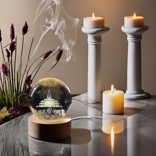 Image of 3D Crystal Ball Night Light with Wooden Base, Aesthetic Clear LED Lamp for Home and Bedroom Touch Switch, Warm Light for Kids and Teens Perfect Birthday & Anniversary (Shree Ram Mandir)