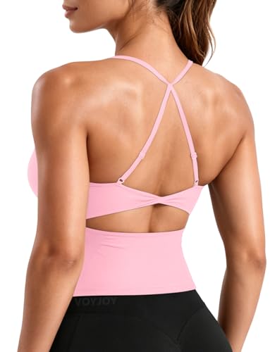 VOYJOY Twist Back Workout Athletic Tank Top Built in Bra U Neck Crop Pink