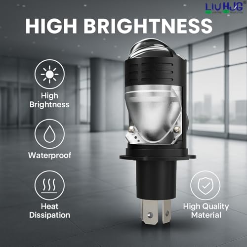 Image of LIU HJG H4 Projector Lens LED Headlight Bulb 50W White Light with Red Devil Eye, Waterproof, Heat Dissipation, Universal Fit for Car, Bike, Truck, Van, High Brightness (Pack of 1)