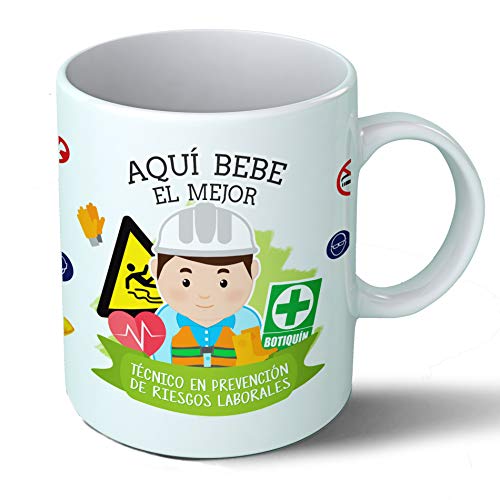 Planetacase - Taza Técnico en Prevención de Riesgos Laborales - Regalo Original - Cerámica 330 mL - Taza Desayuno Apta para Microondas y Lavavajillas - Resistente a Lavados - Técnico Prevención (Él)