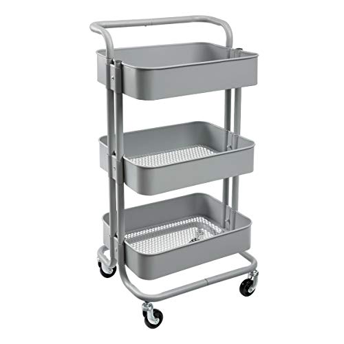 HollyHOME 3-Tier Metal Utility Service Cart Rolling Storage Shelves with Handles, Gray Storage Utility Cart
