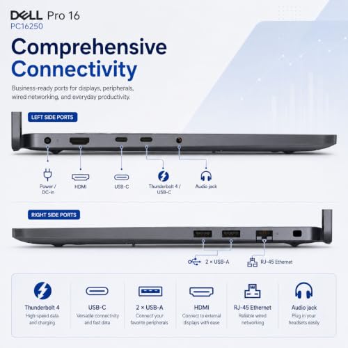 Image of Dell Pro 16 PC16250 Business Laptop, Intel Core 5 120U, 16 inch WUXGA IPS Anti-Glare Display, 16GB DDR5 RAM, 512GB PCIe NVMe SSD, Backlit Keyboard, Thunderbolt 4, RJ-45, Windows 11 Pro