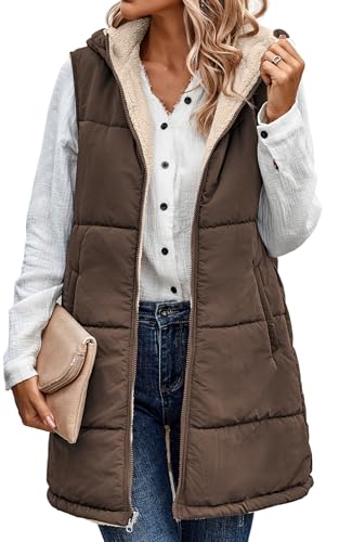 Image of ECOWISH Women Long Puffer Vest: Fall Zip up Reversible Fleece Jacket 2025 Winter Warm Sleeveless Hooded Coat with Pockets Coffee L