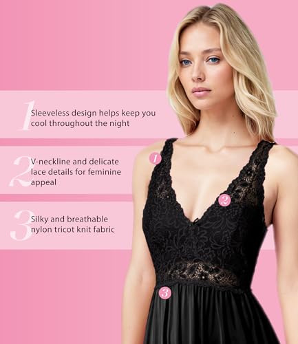 Image of Exquisite Form Women's 70807 Nylon Tricot Sleeveless Long Nightgown with Floral Lace