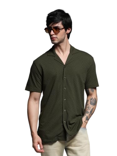 Image of Jack & Jones Men Cuban Collar Textured Cotton Relaxed Fit Casual Shirt
