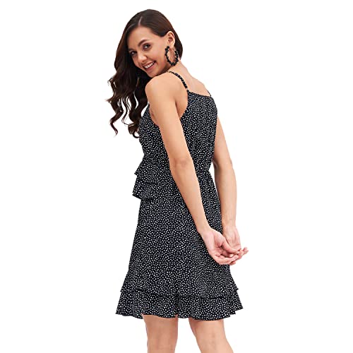 Image of Kibo Casual Women's Black Polyester Polka-dot V Neck Tiered Dress