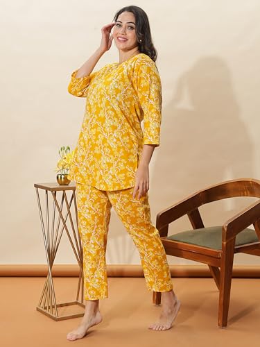 Image of 9shines Label Pure Cotton Printed Women Top & Pyjama Set | Pyjama co-ord Set | Night Suit | Lounge wear for Home | Nightwear Set for Women | Night Dress for Women Stylish (COPJ-5)
