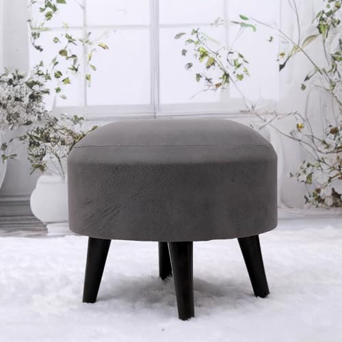 Image of Wooden Ottoman Stool Combo /Bundle for Sitting with Wooden Legs | Round Bench Coffee /Side /End Table for Living Room Furniture Home Dressing Decor - Storage Cum Seating Box (16-in Grey) 02-Pc