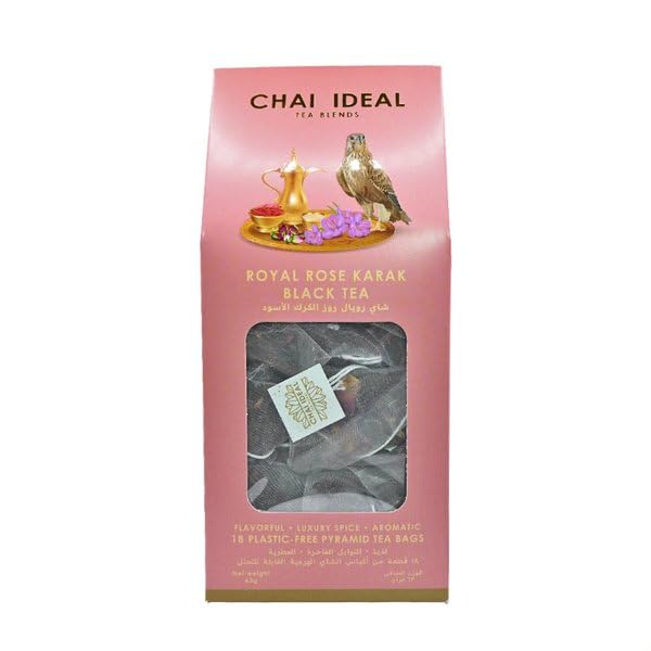 Royal Rose Karak Black Tea - 18 Plastic-Free Pyramid Teabags.Uplifiting | Luxury Spice| Aromatic. Made with Cardamom, Rose Petals, Saffron| Sustained Energy| Anti-Oxidants| Vitamin C Rich