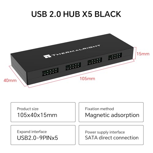 Interal - Hub USB 2.0 X5, alimentazione SATA, supporto magnetico, espansione USB a 9 pin per scheda madre PC (nero) - Hub USB - Immagine 5