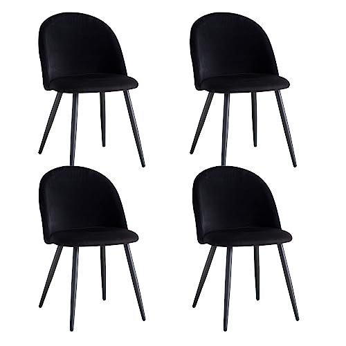 BenyLed Lot de 4 chaises de salle à manger modernes en velours noir ; Chaises de cuisine et de salon ergonomiques avec dossier incurvé et pieds en métal noir