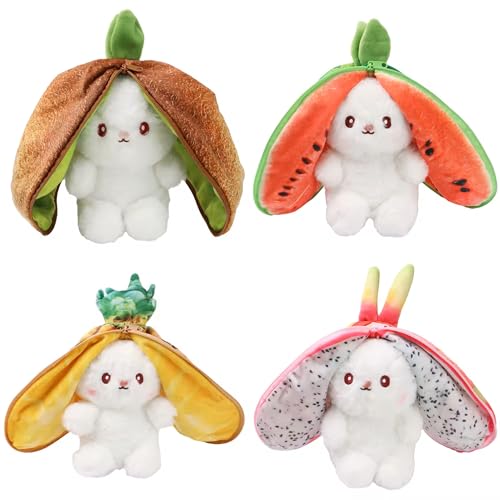 Image of Reversible Rabbit Soft Soft Toy for Baby Girl Watermelon Zipper Fruit Bunny plushie Teddy Bear Plush Ideal Gift Toddlers Cute Girls - 30 cm (Green)