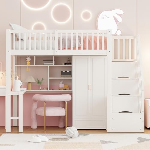 Idemon Cama alta de 90 x 200 cm con gran armario, estante y mesa, escaleras de almacenamiento multiuso, estructura de cama de madera (blanco)