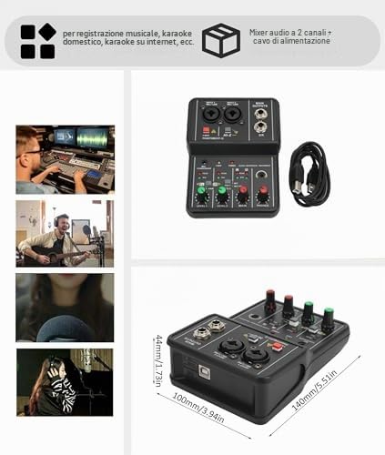 Mini Mixer Audio, 2 Canali USB Portatile Scheda Audio Live Scheda Audio Console con Alimentazione Phantom 48V, Mixer DJ 16 BIT 48 KHZ, per Registrazione Karaoke Streaming Youtube