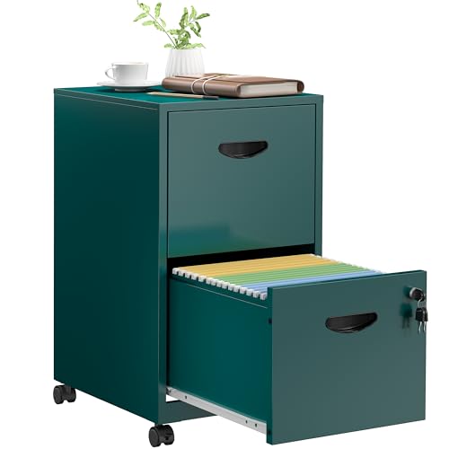 SteeLoong 2 Drawer File Cabinet with Lock,Green Rolling File Cabinet