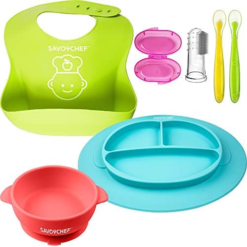 SAVOYCHEF 6-in-1 Feeding Set, Includes:Silicone Baby Plates and Baby Dishes - Silicone Bibs - Suction Silicone Bowl and Dishes for Toddlers - Includes Toothbrush and Teethers
