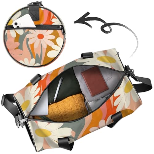Chrysanthemums Round Barrel Sports Fitness Bag, Orange White Travel Luggage Bag, Reusable Handbag, Suitable For Men and Women4