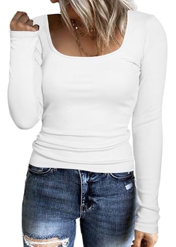 Aottori Camiseta Manga Larga Blanco Mujer Básica Tops Cuello Cuadrado Shirt Blusas Elegante de Punto Ligero Elástico Sólido Casual Túnica Camisetas Blanco M