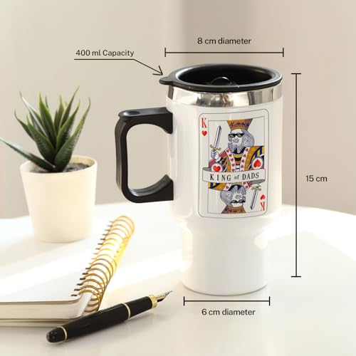 Image of IGP Personalized King of Dads Travel Mug | Same Day Delivery | Custom Name Stainless Steel Tumbler with Handle & Spill-Proof Lid | Insulated Coffee & Tea Cup | 400 ml White | Father's Day Present
