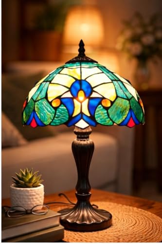 Image of Stained Glass Table Lamp, Multicolor Glass Shade, Bronze Base (Design - 15) Free Bulb- 3 Color Options- Warm White, Cool White and Natural