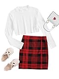 Romwe Girl's Ribbed Long Sleeve Crop Tops and Plaid Pencil Skirt Sets Outfit White Red 11-12Y