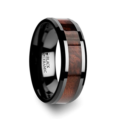 Thorsten Cerise Genuine Redwood Wood Inlaid Black Ceramic Ring with Beveled Edges 8mm Wide Wedding Band from Roy Rose Jewelry Size 11.5
