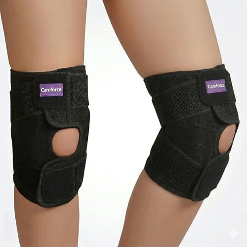 Image of Careforce Knee Brace with Extra Long Strap & Silicone Pad for Meniscus Tear Pain Relief Adjustable Knee Support for Men-Tendon,Patella Support for Women-Knee - Black, (Pack Of 2)