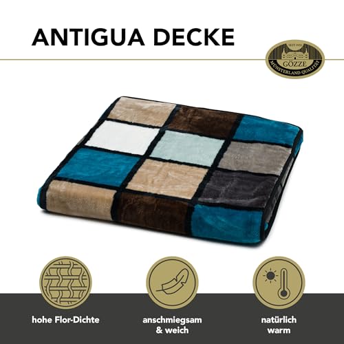 Gözze - Weiche Kuscheldecke, Cashmere Feeling, Hohes Stoffgewicht 500 g/m², Antigua, 150 x 200 cm - Aqua/Taupe/Petrol