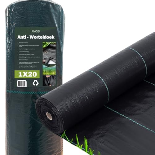 AVOID Tela Antihierba - Lona Antihierbas para Huerto, Jardín, Huerto y Caminos - Antimaleza Resistente, Permeable al Agua y Aire, Resistente UV, Duradera - 110 g/m² (1x20 M) con Piquetas