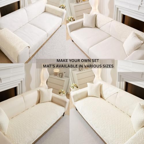 Image of HOMETHREADS Premium Cotton Sofa Cover Mat with PVC Backing for Non-Slip Comfort (Cream, 1 Seater | 70x70cm)