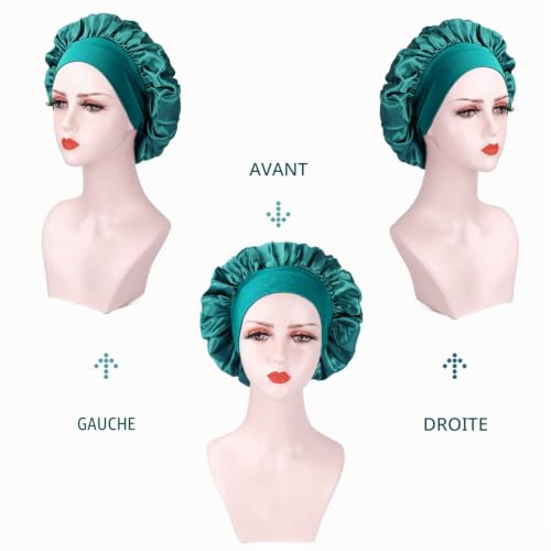 2 Pieces Bonnet en Satin pour Femme, Bonnet Soie Cheveux Nuit, Bonnet en Satin à Bande Élastique Douce, Bonnet en Soie pour Le Maquillage (Cyan+Noir) – vue 6