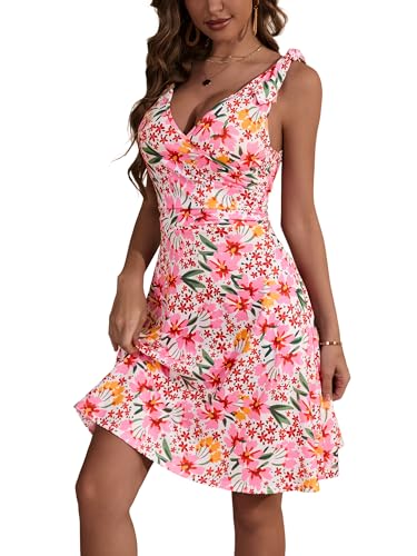 Image of HUHOT Women's Summer Floral Sundress 2025 Sleeveless Tie Shoulder V Neck Flowy A-line Elastic Waist Ruffle Mini Dresses