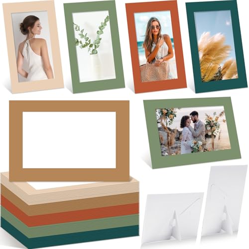 Image of AmazingSpark 50 Pack Boho Picture Frames for 4x6 Photos, Paper Photo Frame Bulk in 5 Earth Tone Designs, Rustic Bohemian Cardboard Picture Holders for Table Display, Gallery Wall, Party Favors Decor