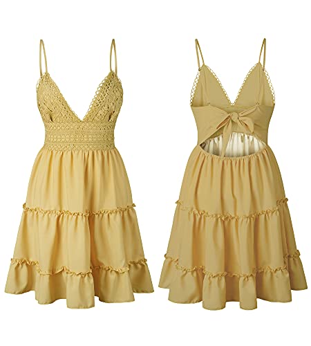 Image of ECOWISH Summer Dresses for Women 2026 V-Neck Spaghetti Strap Bowknot Backless Sleeveless Lace Mini Swing Skater Dress