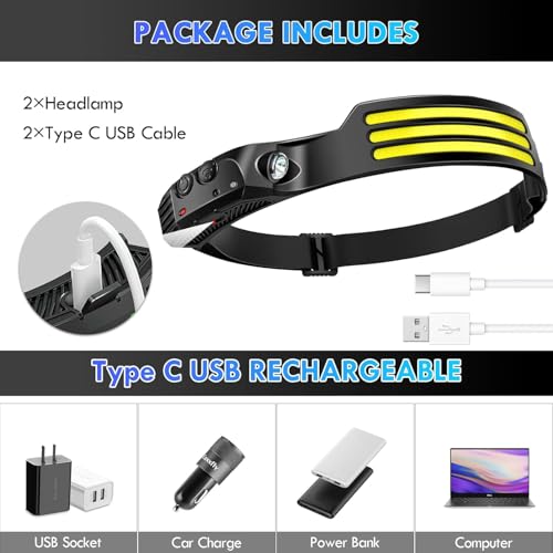 PARAROSE LED Rechargeable Head Torch (2 PCS), 230° Wide Beam Head Lamp with Motion Sensor, Waterproof Head Light Flashlight for Hiking, Running,Camping, Fishing, Cycling - Image 3
