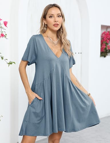 Image of Gozoloma Women Summer Short Sleeve Mini Dress Casual Loose V Neck Flowy Sundress Vacation Tshirt Sun Dress with Pockets