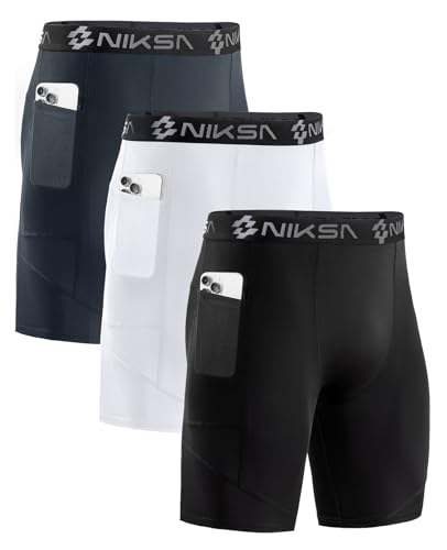 Image of Niksa 1 /2 Pack Mens Compression Shorts with Pocket, Performance Spandex Athletic Sports Workout Running Underwear Shorts