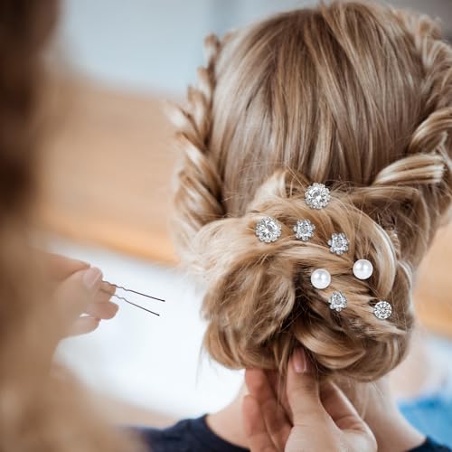 Braut Hochzeit Haarnadeln 40 Stück Strass Perlen Haarnadeln Haarschmuck Silber U-Förmige Blumen Kristalle Brautschmuck für Frauen und Mädchen Kommunion, Hochzeit Party