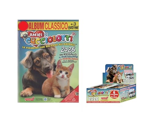 Album figurine Amici Cucciolotti 2026 con 6 bustine + pacco 50 bustine - 6 figurine e una card per bustina + portachiave Cucciolotti e penna colorata