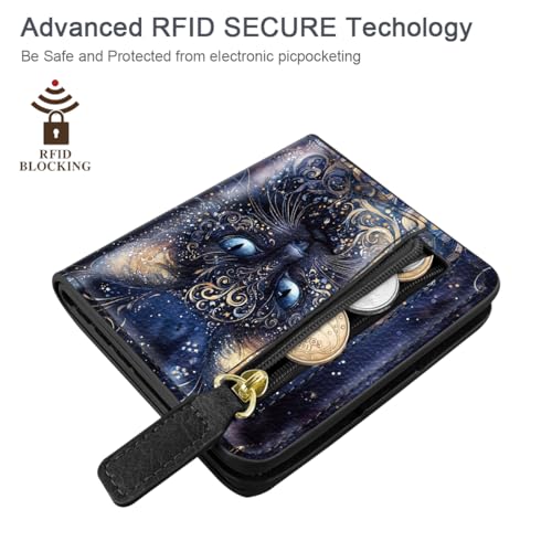 Image of Small Womens Cat Wallet Thin Credit Card Holder Pocket Mini Purse | Compact Slim Women RFID Blocking Bifold Black Cat Leather Wallets Ladies Pocket Card Holders for Travel & Daily Use
