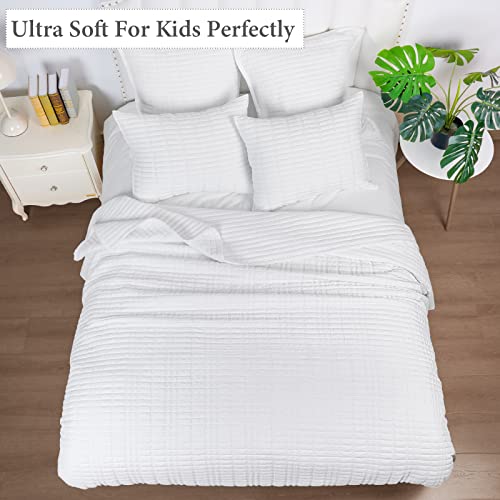 Phf Seersucker Quilt Set King Size, Drop Nicely, 3Pcs Washed Soft Bedspread, Modern Stylish For All Season, 1 Lightweight Textured Stripe Coverlet And 2 Pillow Cases, White #TOP2