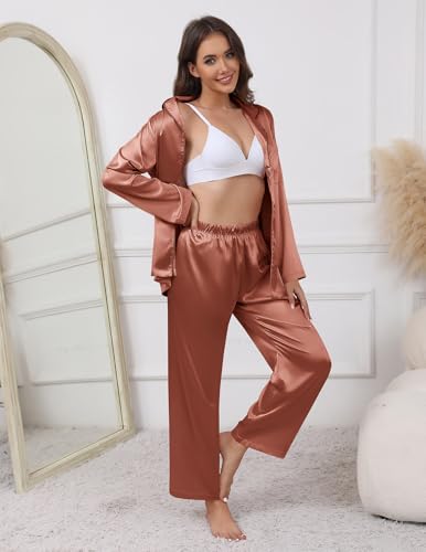 Image of Ekouaer Pajamas For Women Set Silk Pjs 2 Piece Satin Sleepwear Long Sleeve Button Down Lounge Sets With Pant