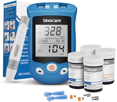 Uric Acid Meter, Blood Glucose Monitor, Uric Acid Self Measuring Kit, Sugar Meter with Test Strips, Blood Glucose, Uric Acid Test Strips (sinocare Safe AQ UG)