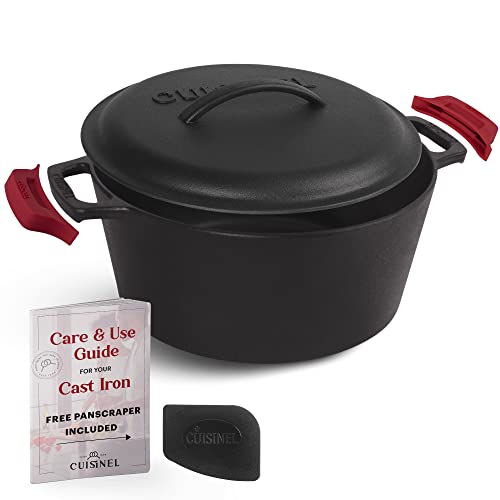 Cuisinel Cast Iron Dutch Oven - 5-Quart Deep Pot + Lid + Pan Scraper + Handle Cover Grips - Large Pre-Seasoned Cooker for Baking Bread, Soup, Frying - Indoor/Outdoor Kitchen, Camping, Fire, BBQ Safe by CUISINEL - Used condition - CA$38.39