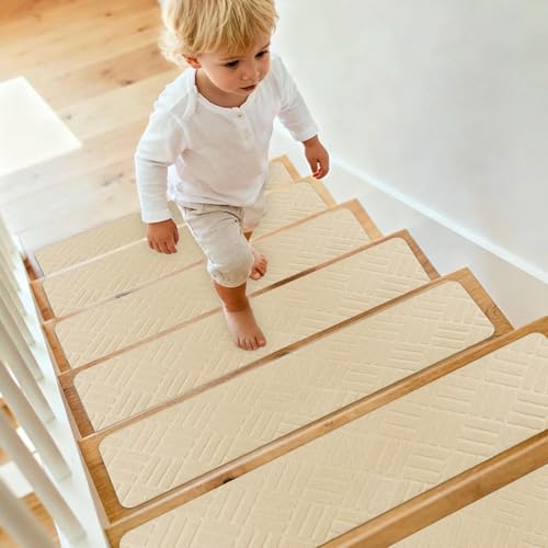 15 PCS Stair Treads Non Slip Indoor, 76x20cm Stair Carpet Treads, Non Slip Stair Runner 3D Peel STair Stickers for Wooden Steps, Anti-Slip Carpet STair Mats/StaiR Pads for Elders, Kids and Pets(Beige)