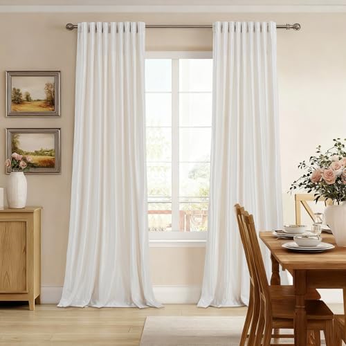 Image of 100% Blackout Ivory Off White polyester Velvet Curtains 96 inch Long for Living Room,Set of 2 Panels Liner Rod Pocket Back Tab Thermal Window Drapes Room Darkening Heavy Decorative Curtain for Bedroom