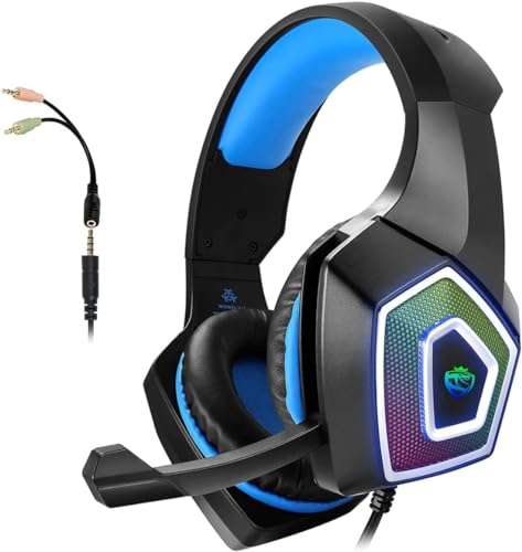 Gaming Headset with Mic for Xbox One PS4 PC Switch Tablet Computer Smartphone, Headphones PS5 Stereo Over Ear Bass 3.5mm Microphone Noise Canceling 7 LED Light Soft Memory Earmuffs (Free Adapter)