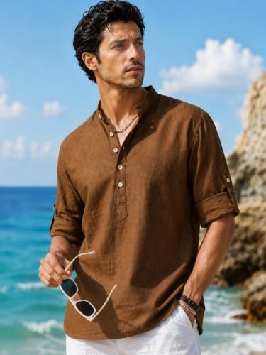 Image of Majestic Man Men's Pure Cotton Solid Mandarin Collar Slim Fit Roll-Up Sleeves Short Kurta Lightweight Summer Kurta for Daily & Occasion Use