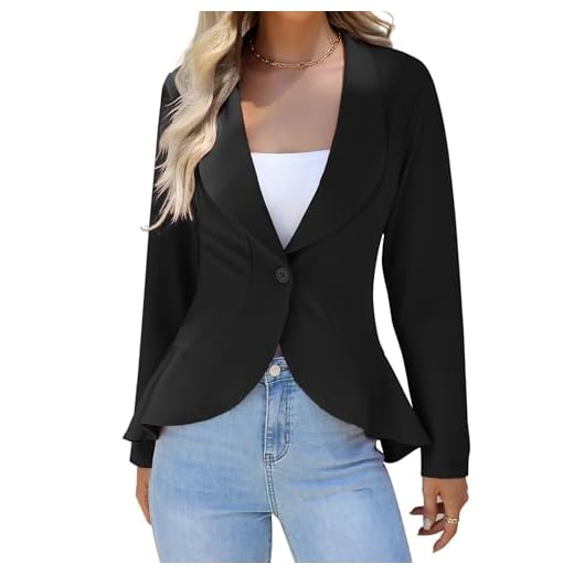 KOJOOIN Americana para mujer, informal, con frente abierto, cárdigan de manga larga, chaqueta de trabajo, informal, chaqueta de traje, chaqueta con volantes, Negro , L