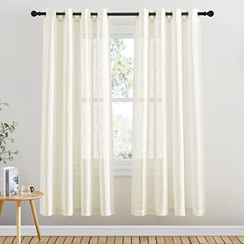 PONY DANCE Rideau Voilage Beige - Rideaux et Draperies Voile en Lin Demi Transparent à Oeillets Tissu Souple avec Motif de Croix Décor, 132 x 158 cm, Beige Clair, 2 PCs Cover